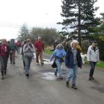 Workshop participants practice a tsunami evacuation walk.